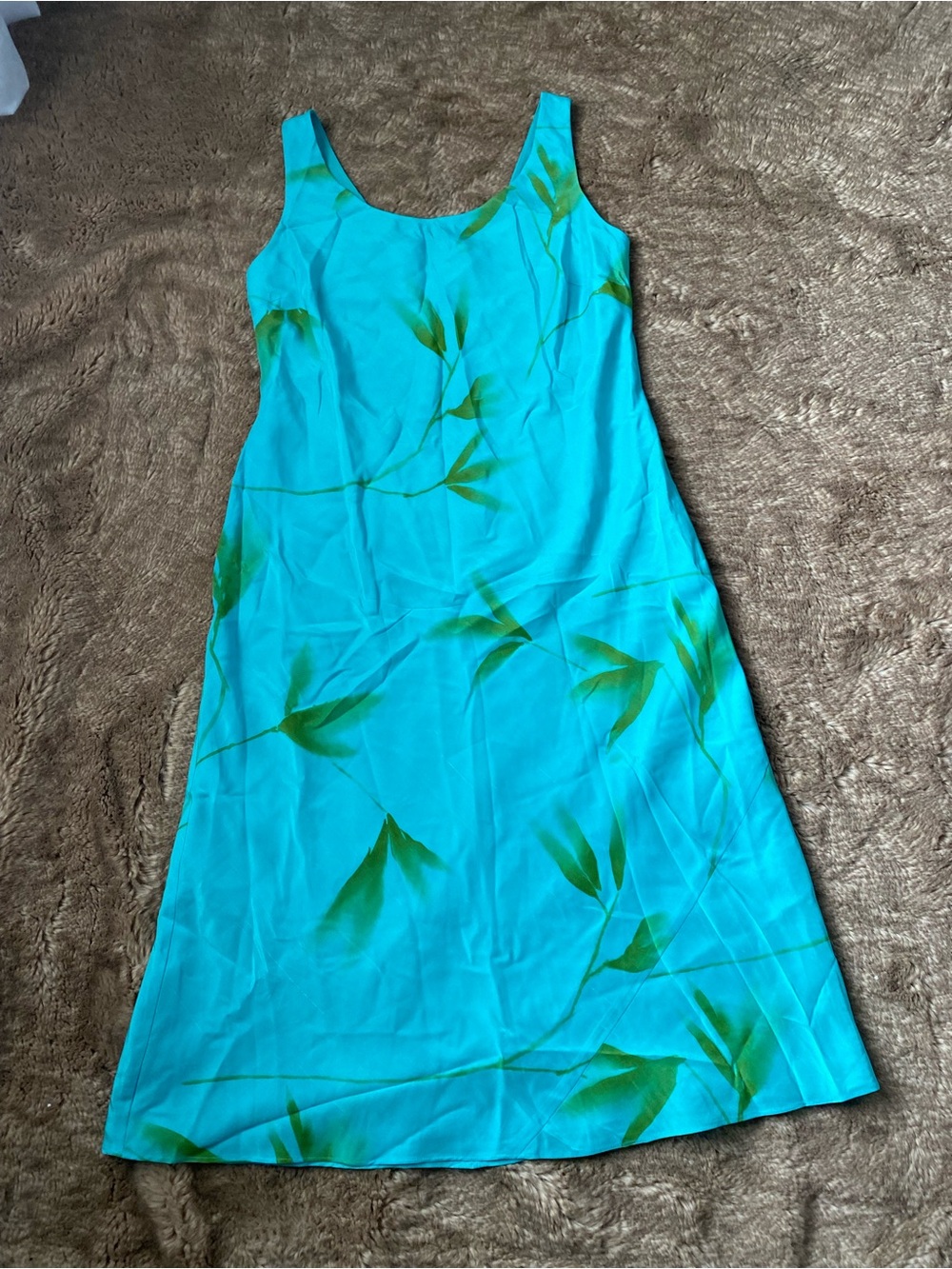 Vintage Ann Taylor LOFT Turquoise Maxi Dress with Green Leaf Motif